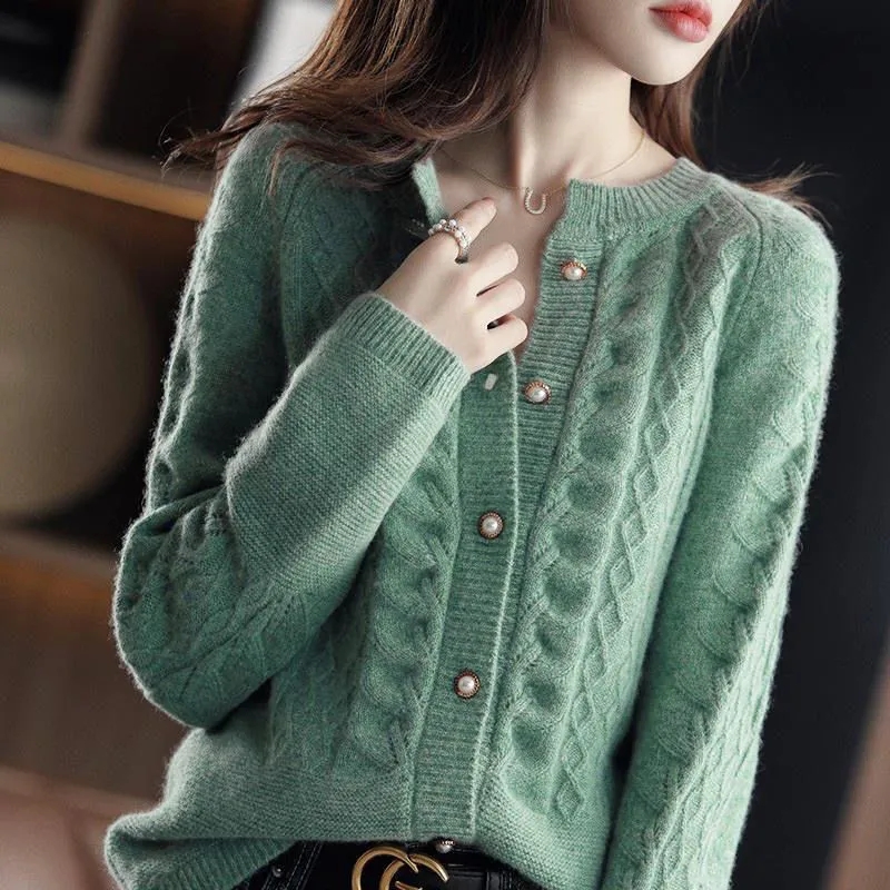 Wool Coat Peacoat - เสื้อคาร์ดิแกนถักสไตล์วินเทจสำหรับผู้หญิง คอลเลคชั่นฤดูใบไม้ผลิ-ฤดูใบไม้ร่วง ปี 2026 รุ่นใหม่ ทรงหลวม