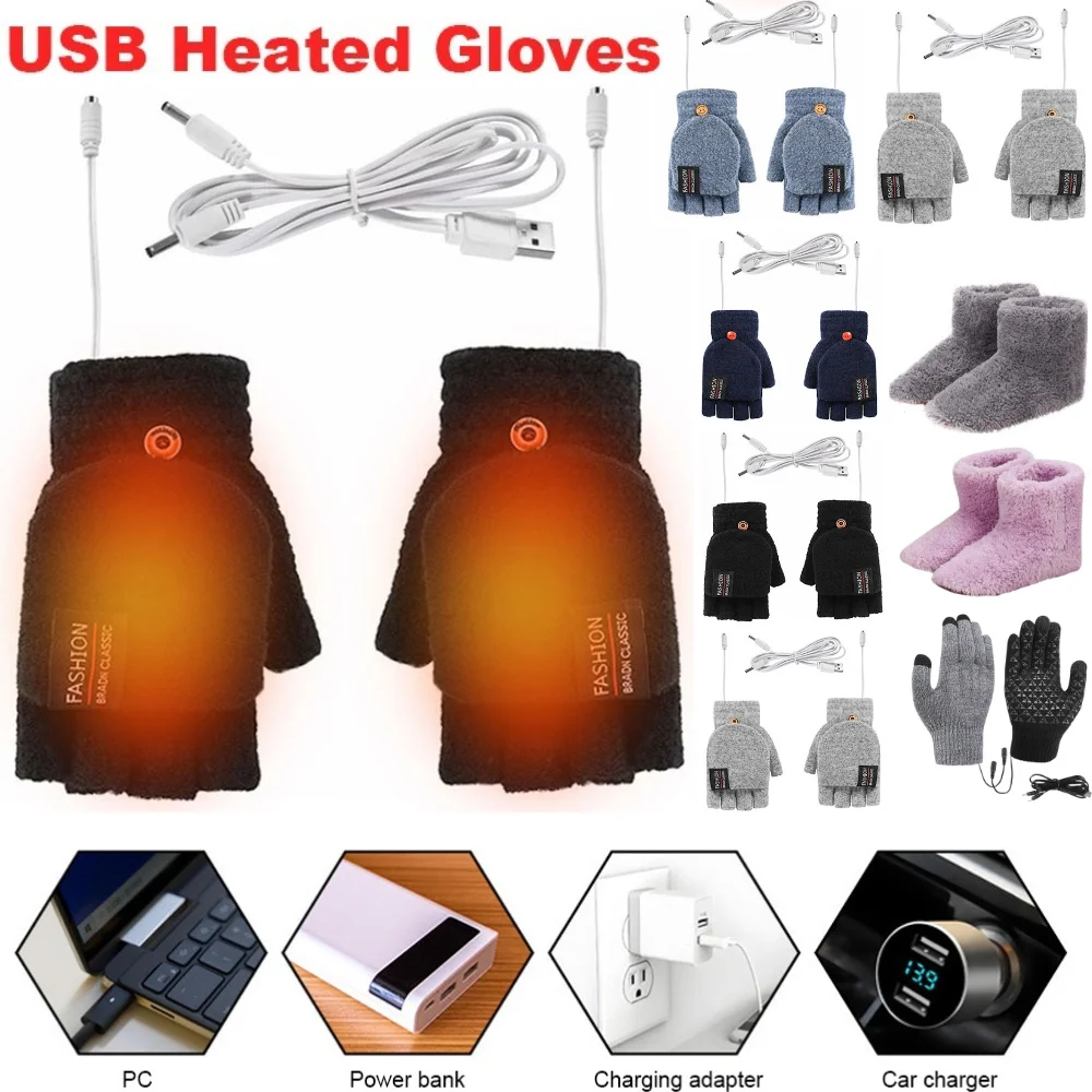 Hand Warmer Electric - ถุงมือไฟฟ้า USB สำหรับฤดูหนาว ถุงมือกันหนาวแบบสัมผัสหน้าจอได้ ถุงมือถักแบบเต็มนิ้วและครึ่งนิ้ว ถุงมืออุ่นมือ