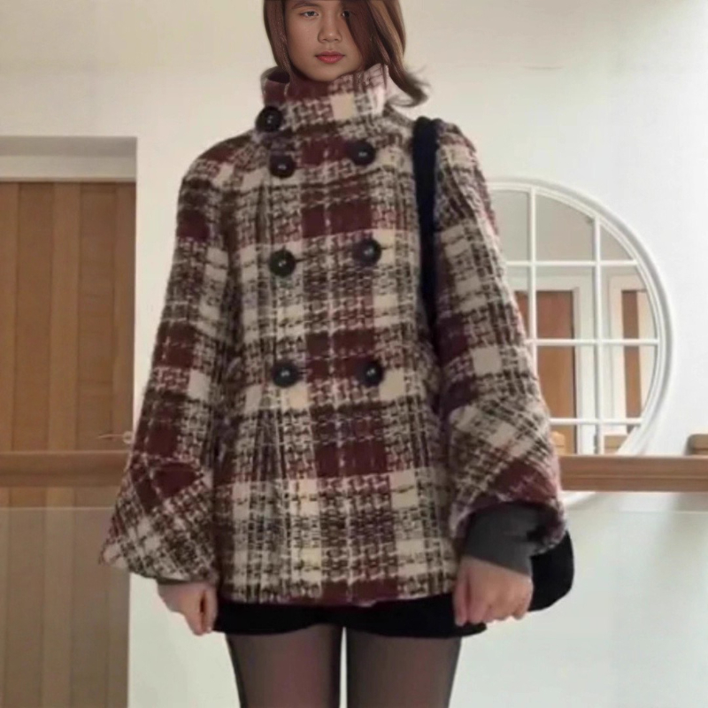 Wool Coat Peacoat - เสื้อโค้ทลายตารางแบบคอเต่า แขนยาว ทรงตรง กระดุมสองแถว สำหรับผู้หญิง สไตล์ชิค