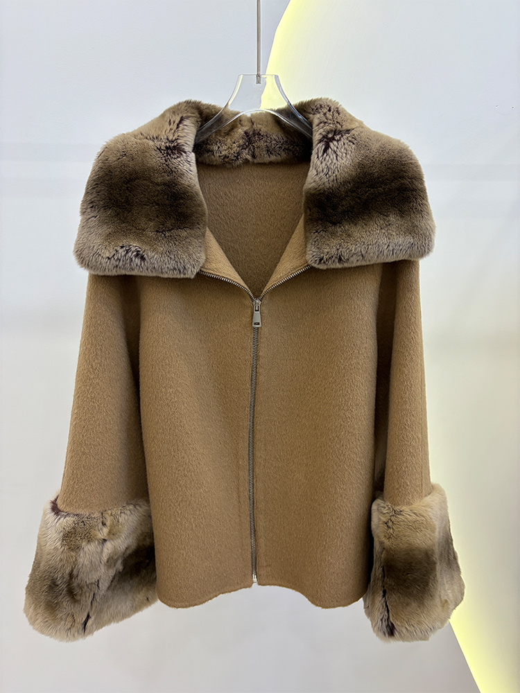 Wool Coat Peacoat - เสื้อโค้ทขนสัตว์แท้สำหรับผู้หญิงฤดูหนาวปี 2026 พร้อมปกขนกระต่ายเร็กซ์ธรรมชาติ เสื้อแจ็คเก็ตขนแกะแคชเมียร์สุดหรู ให้ความอบอุ่นและหนา